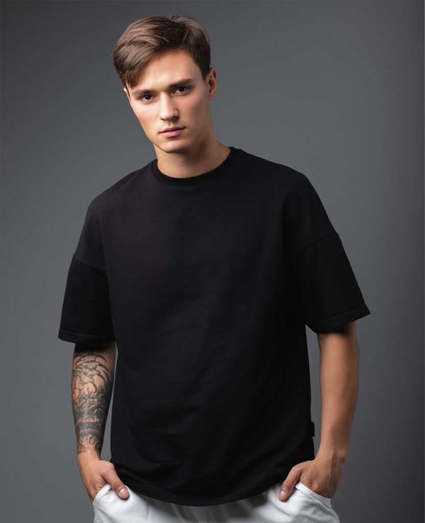 men wearing black organic cotton t-shirts