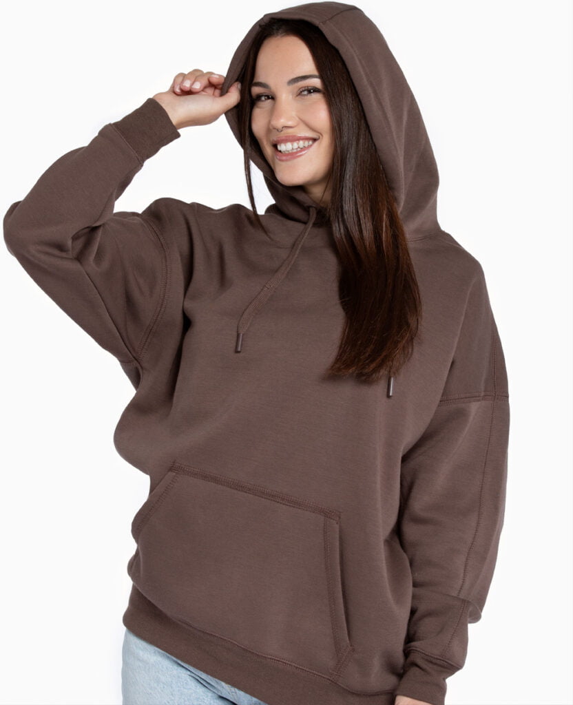 woman wearing brown terry cotton hoodie sweatshirt