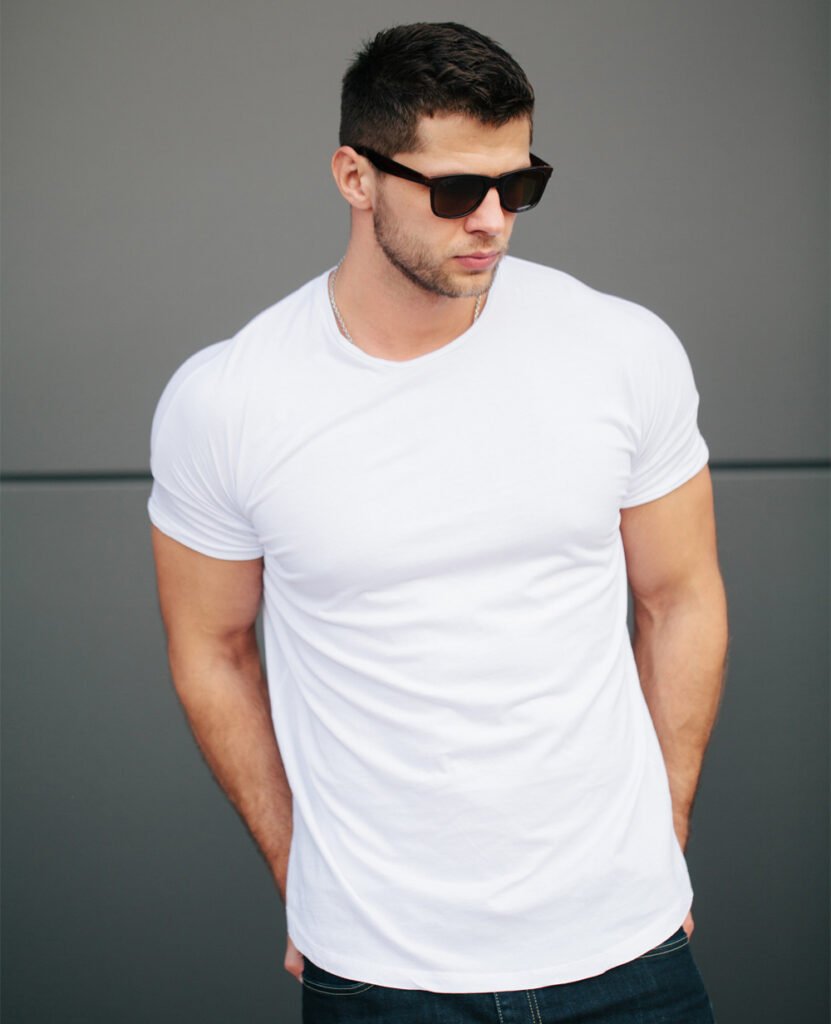 man wearing white heavy weight interlock t-shirt