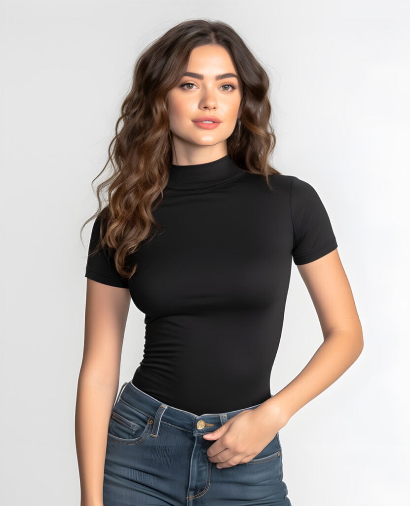 woman wearing black organic cotton interlock t-shirt