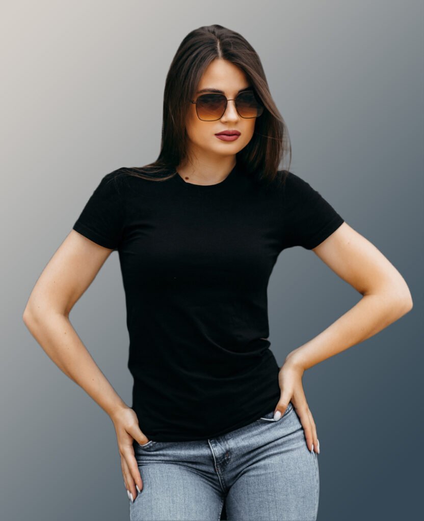 woman wearing black classic recycled cotton t-shirt