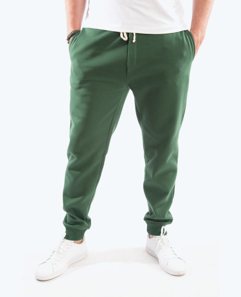 man wearing green pure organic cotton joggers