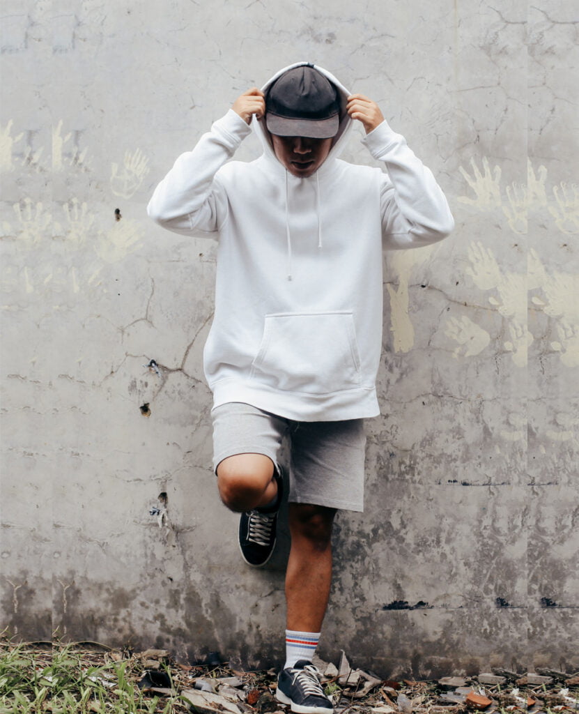 man wearing grey classic fleece shorts