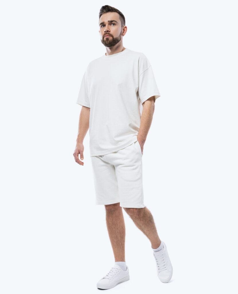 man wearing classic fleece cotton shorts