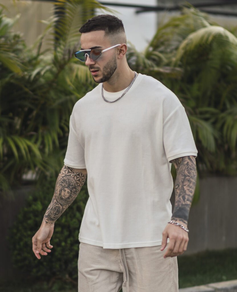 man wearing white classic recycled cotton t-shirt