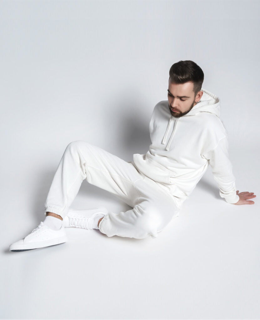 man wearing white fleece joggers