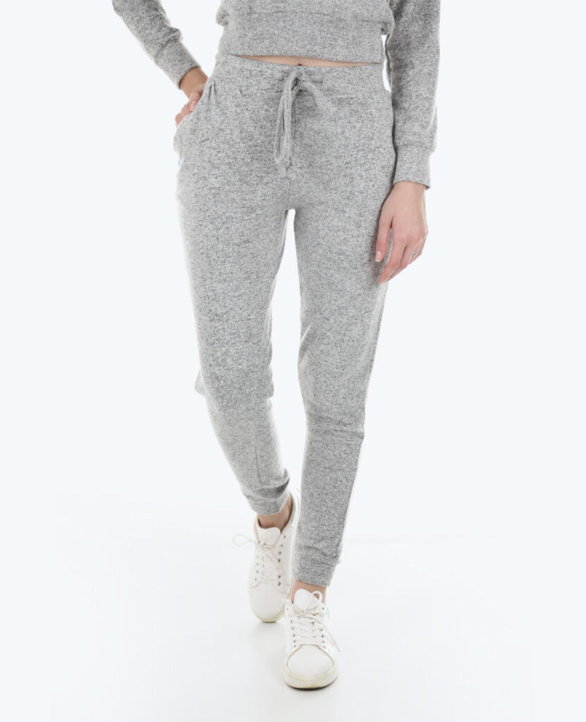 woman wearing grey fleece cotton joggers