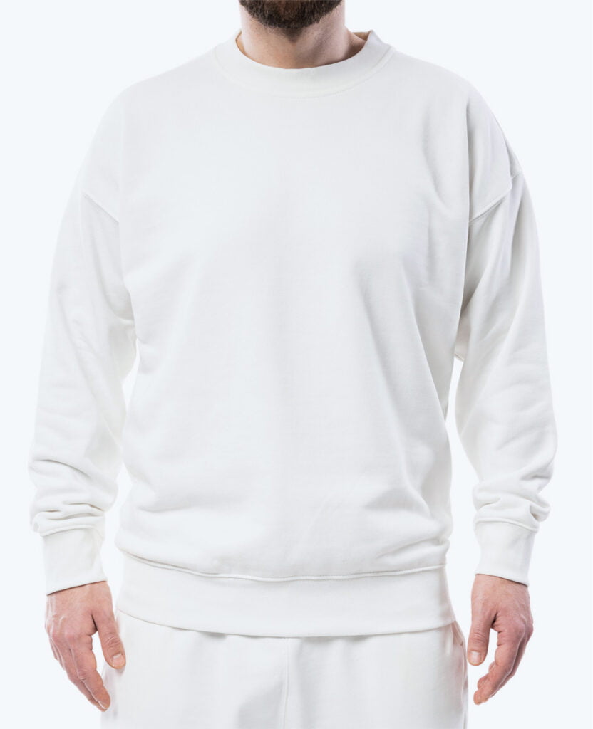 man wearing white fleece cotton sweatshirt