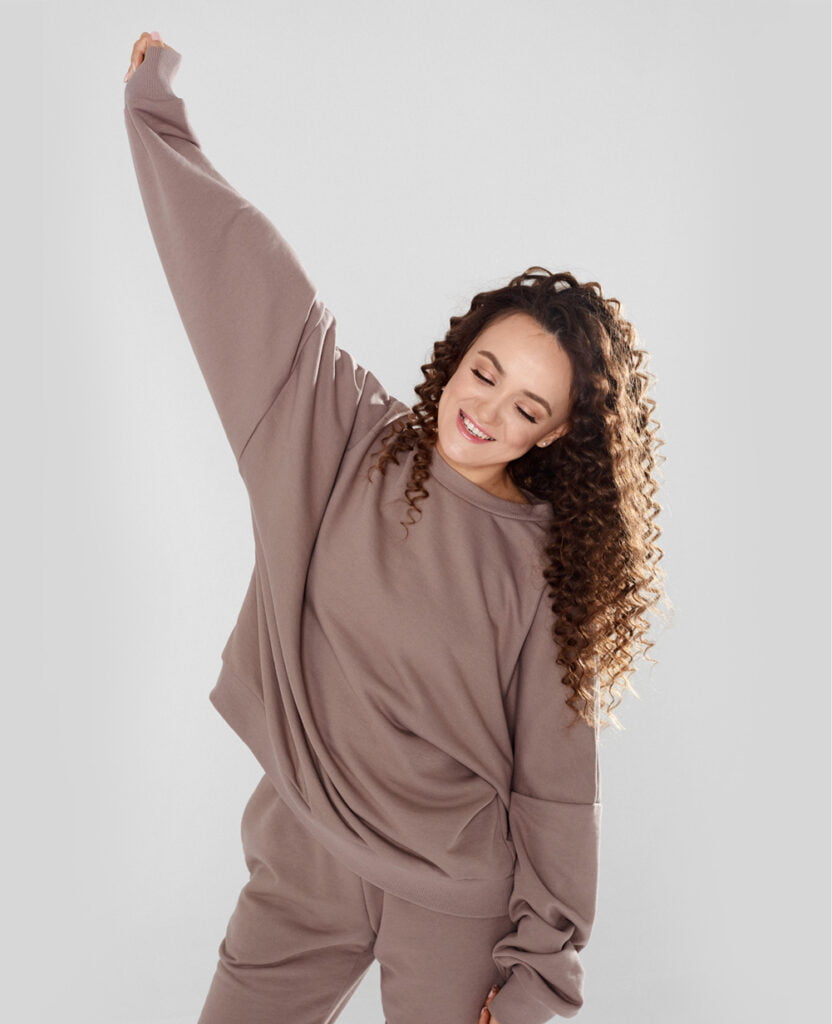 woman wearing classic french terry sweatshirt