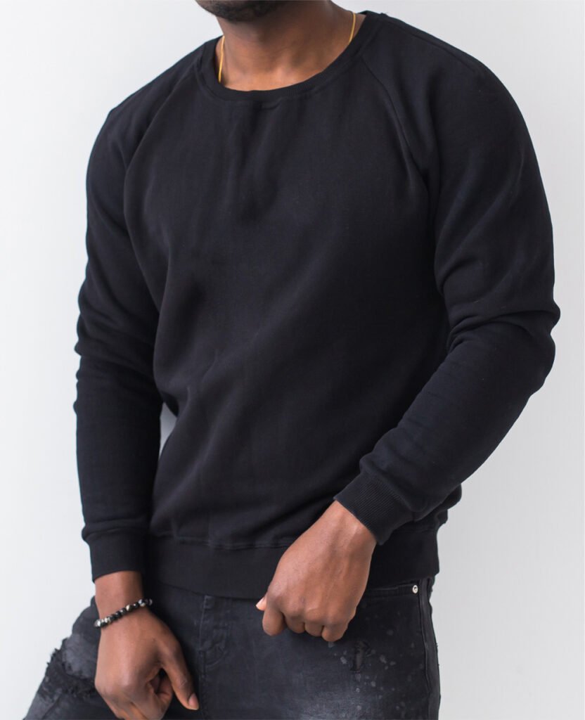 man wearing black classic terry cotton sweatshirt