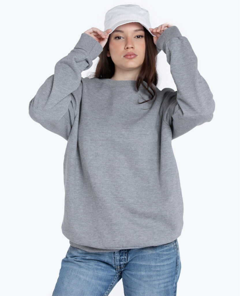 woman wearing grey terry pure organic cotton sweatshirt