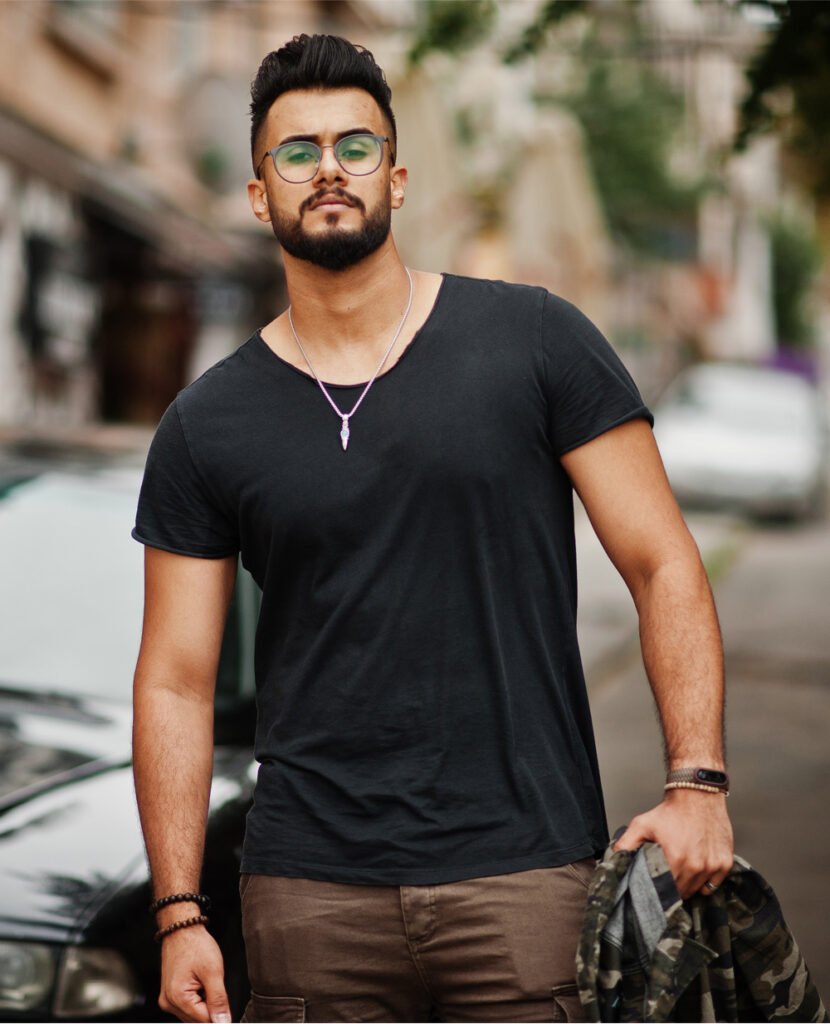 man wearing black classic cotton t-shirt peach finish