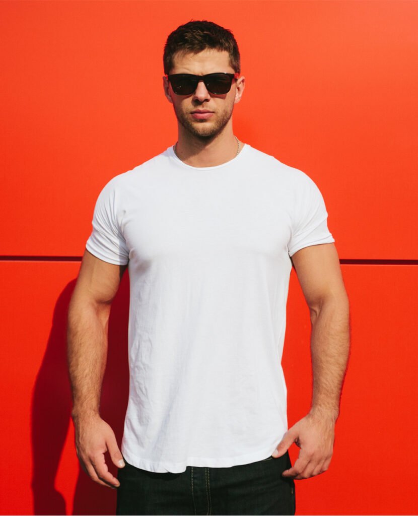 man wearing white cotton t-shirt peach finish