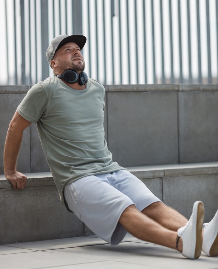 man wearing grey classic terry pure organic cotton shorts