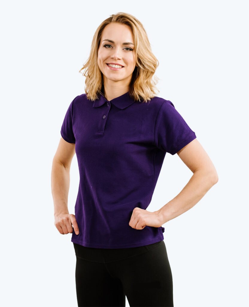 woman wearing purple pure cotton polo heavy t-shirt