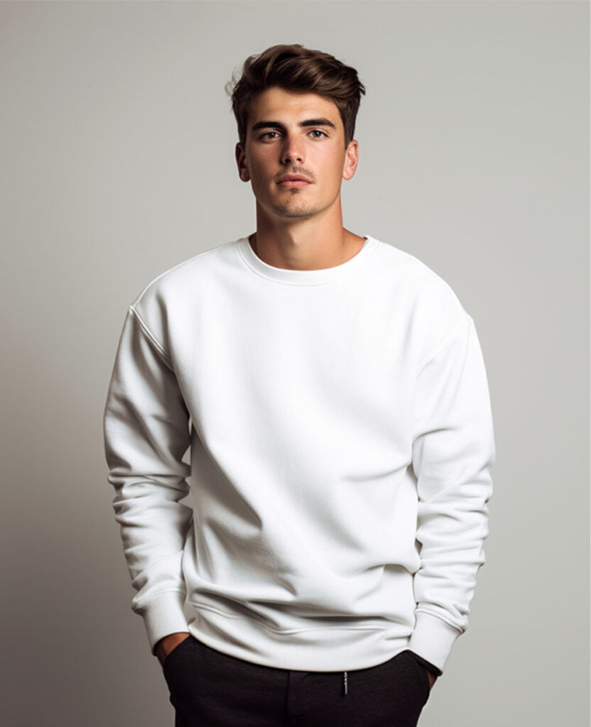 man wearing white fleece sweatshirt