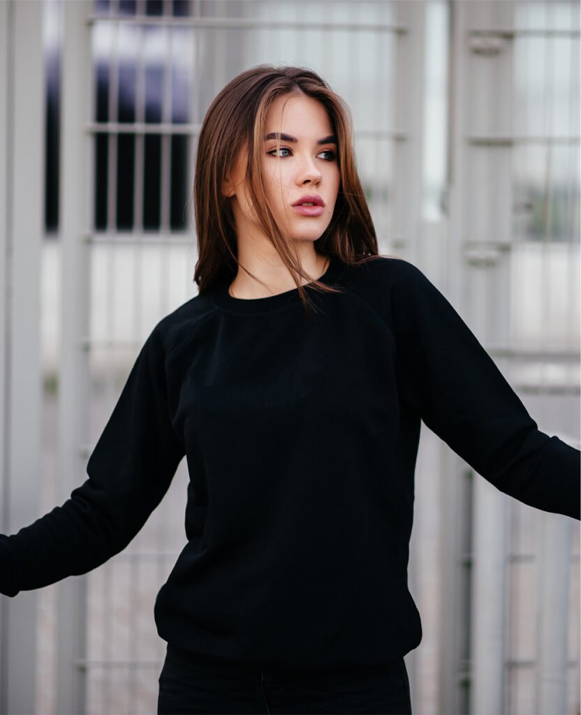 woman wearing black pure organic cotton sweatshirt