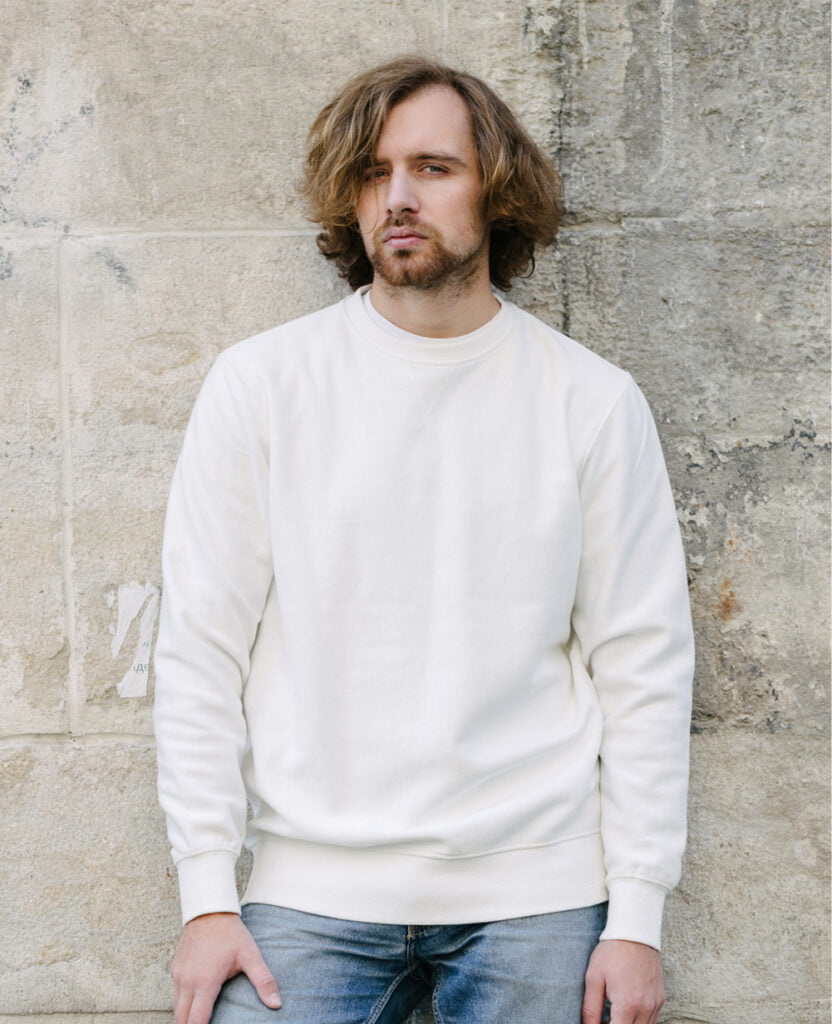 man wearing french terry sweatshirt