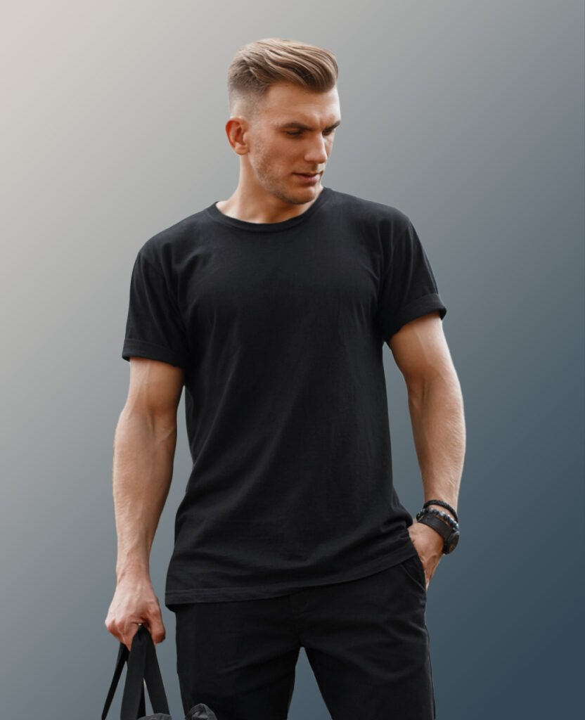 man wearing black classic t-shirt