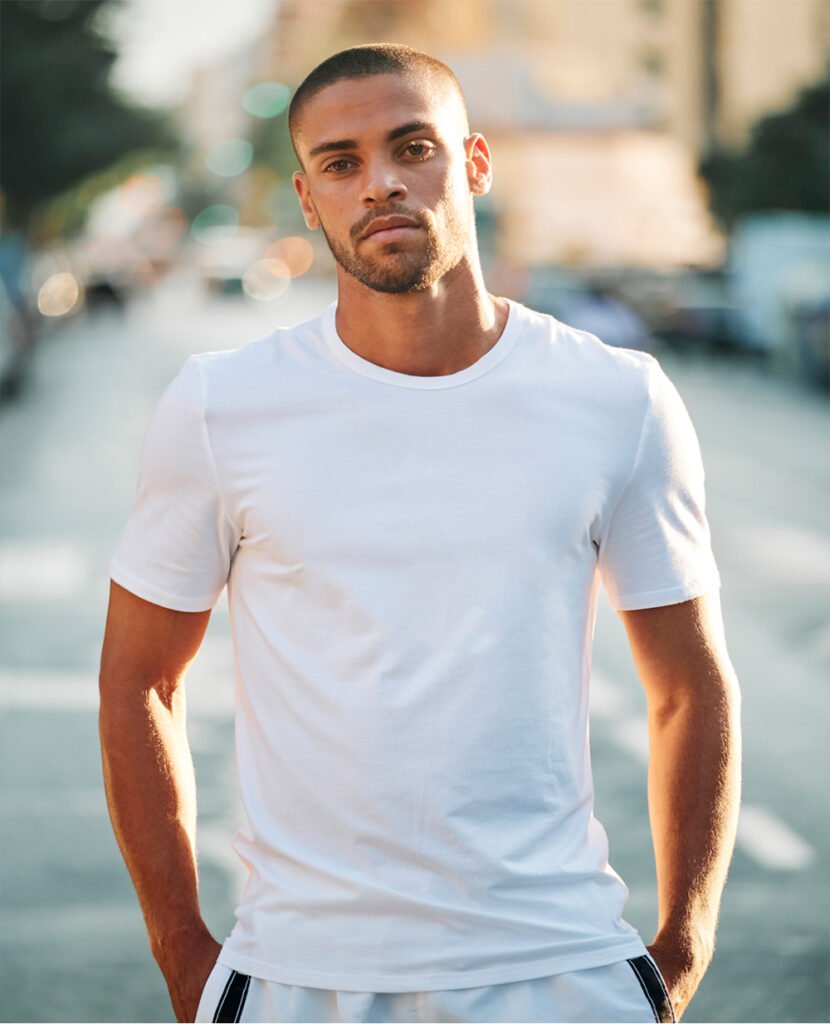 man wearing white classic heavy weight t-shirt