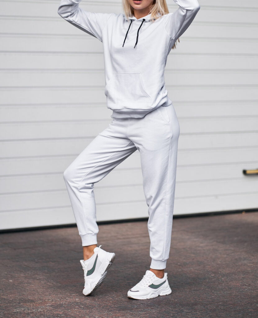 woman wearing white terry cotton joggers