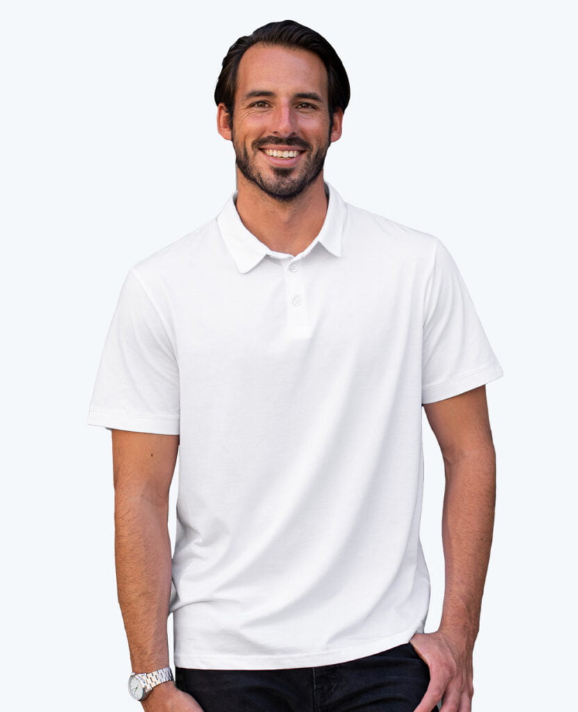 man wearing white classic cotton polo t-shirt